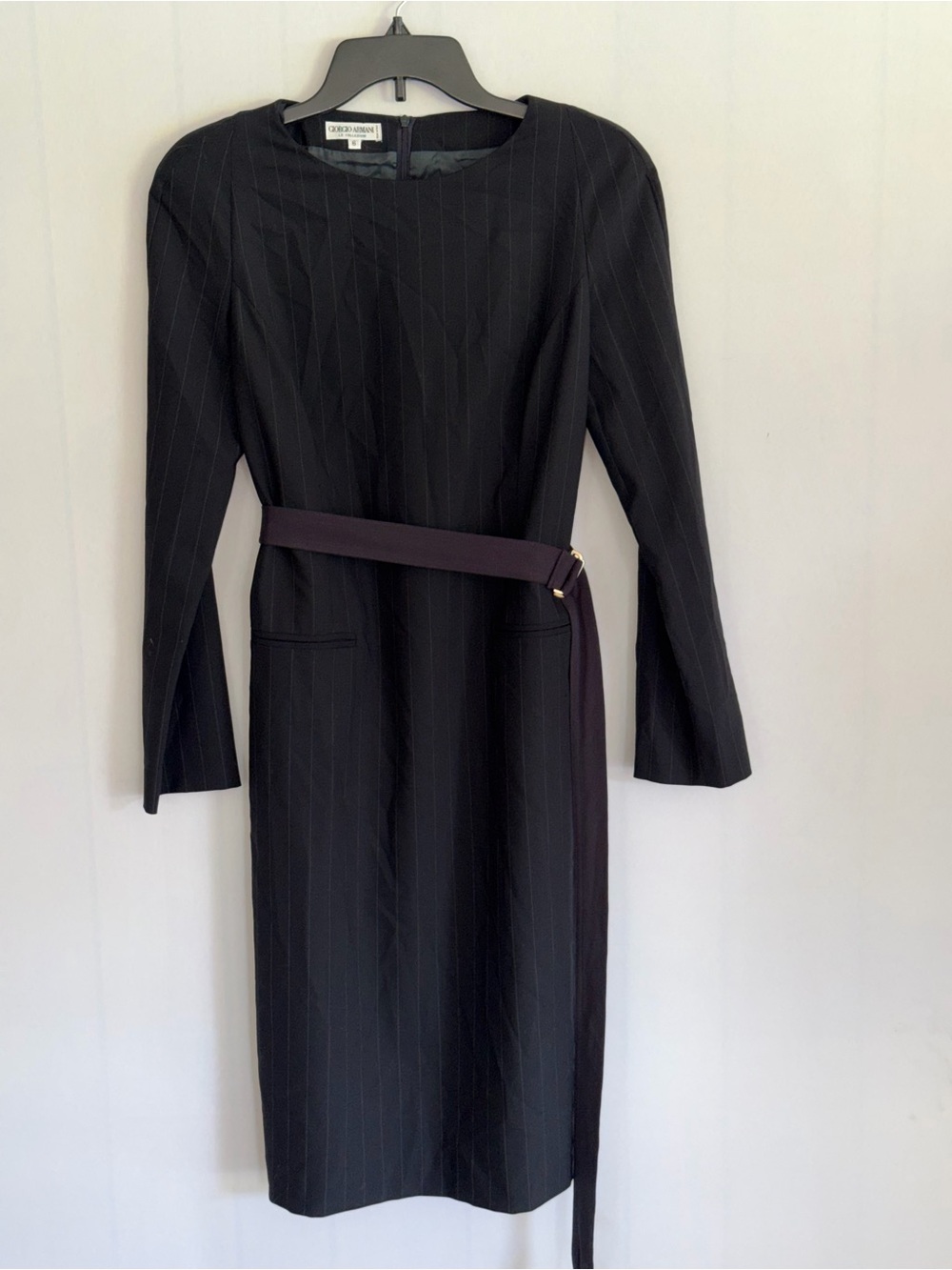 Giorgio Armani Black Pinstripe Long-Sleeve Sheath Dress with Dark Purple Belt